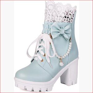 Faux Leather Platform Ankle Boots with Lace Pearl Chain Bow Chunky Heel